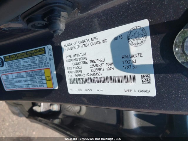 Продажа на аукционе авто 2018 Honda Cr-v Lx, vin: 2HKRW2H22JH151501, номер лота: 12645181
