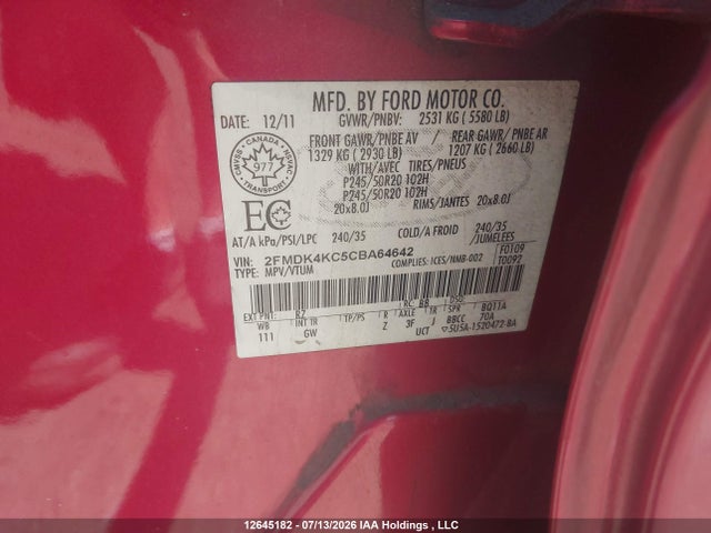 2012 Ford Edge Limited მანქანა იყიდება აუქციონზე, vin: 2FMDK4KC5CBA64642, აუქციონის ნომერი: 12645182
