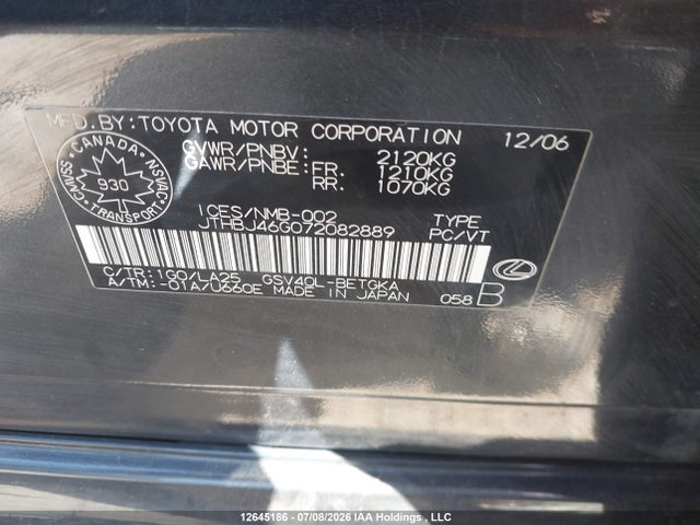 Продаж на аукціоні авто 2007 Lexus Es 350 350, vin: JTHBJ46G072082889, номер лоту: 12645186