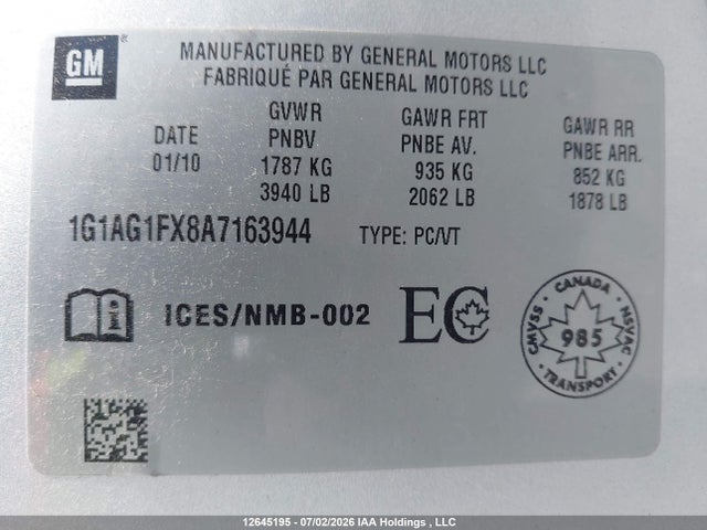 2010 Chevrolet Cobalt Ss მანქანა იყიდება აუქციონზე, vin: 1G1AG1FX8A7163944, აუქციონის ნომერი: 12645195