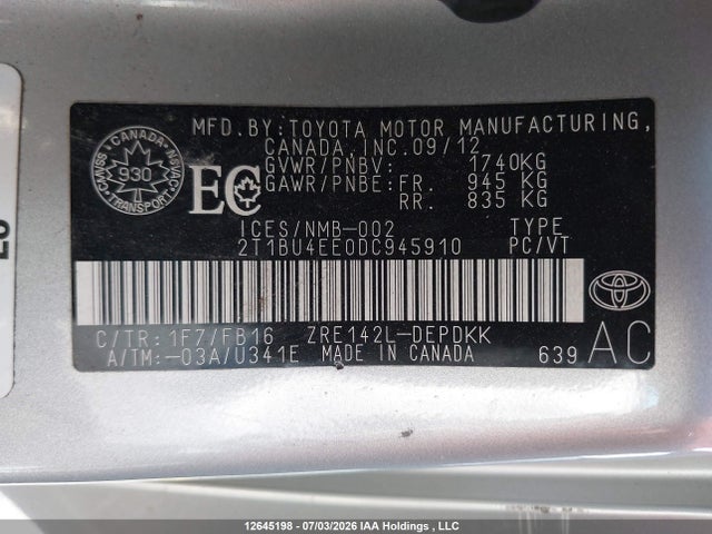 Aukcja sprzedaży 2013 Toyota Corolla S/le, vin: 2T1BU4EE0DC945910, numer aukcji: 12645198