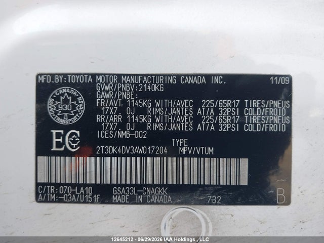 2010 Toyota Rav4 Limited V6 მანქანა იყიდება აუქციონზე, vin: 2T3DK4DV3AW017204, აუქციონის ნომერი: 12645212