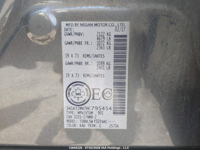 Продаж на аукціоні авто 2017 Nissan Rogue Sv/sl, vin: 5N1AT2MV7HC795454, номер лоту: 12645226
