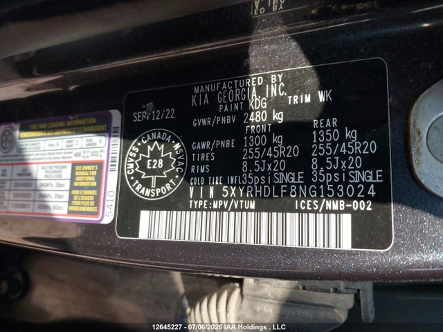 12645227 :رقم المزاد ، 5XYRHDLF8NG153024 vin ، 2022 Kia Sorento 2.5t Ex/2.5t Ex+ مزاد بيع