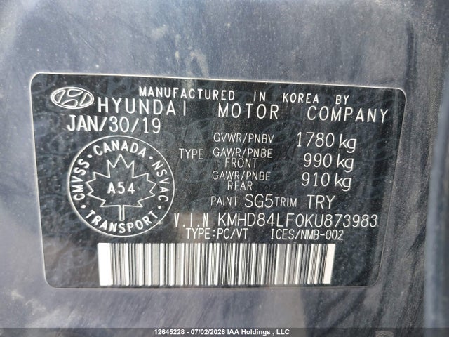 Aukcja sprzedaży 2019 Hyundai Elantra Sel/value/limited, vin: KMHD84LF0KU873983, numer aukcji: 12645228