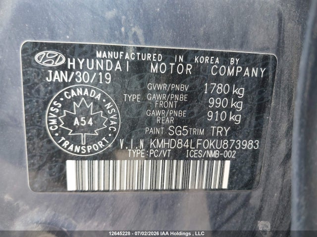 Aukcja sprzedaży 2019 Hyundai Elantra Sel/value/limited, vin: KMHD84LF0KU873983, numer aukcji: 12645228
