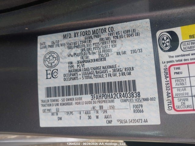 12645232 :رقم المزاد ، 3FAHP0HA2CR403838 vin ، 2012 Ford Fusion Se مزاد بيع