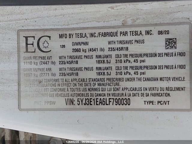 Tesla MODEL 3 2020 5YJ3E1EA6LF790030 Image 9