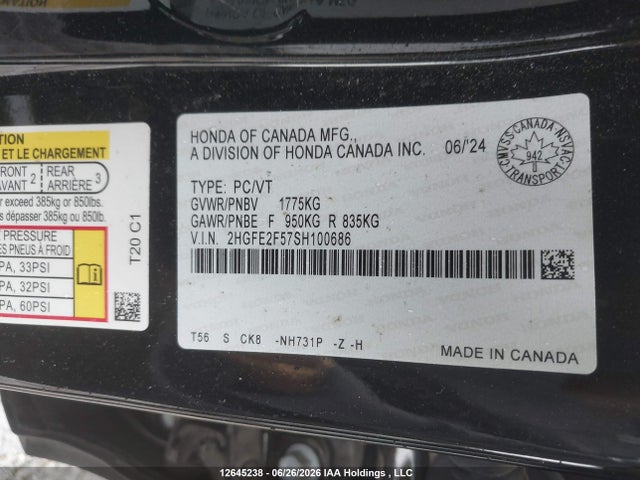 2025 Honda Civic Sport მანქანა იყიდება აუქციონზე, vin: 2HGFE2F57SH100686, აუქციონის ნომერი: 12645238