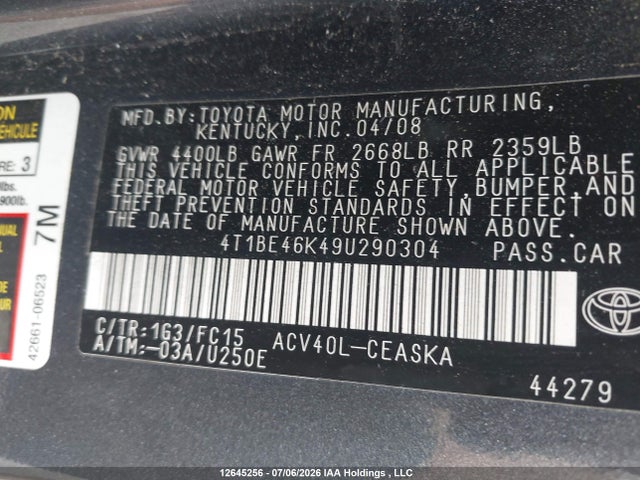 Продаж на аукціоні авто 2009 Toyota Camry Se, vin: 4T1BE46K49U290304, номер лоту: 12645256