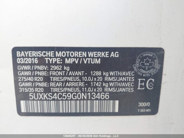Auction sale of the 2016 Bmw X5 Xdrive35d, vin: 5UXKS4C59G0N13466, lot number: 12645257