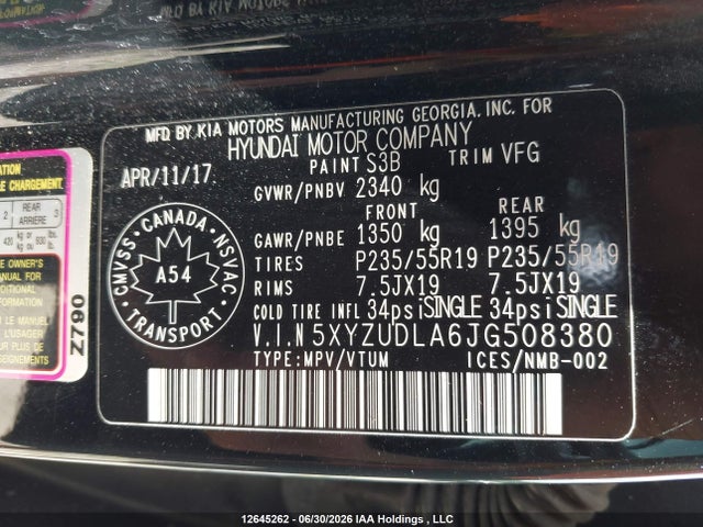 12645262 :رقم المزاد ، 5XYZUDLA6JG508380 vin ، 2018 Hyundai Santa Fe Sport مزاد بيع