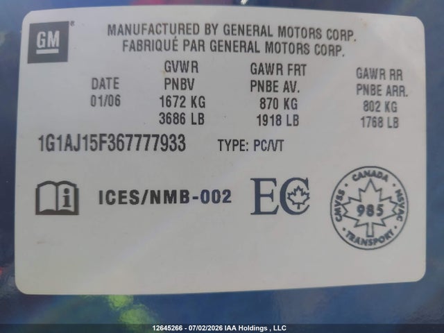 Продаж на аукціоні авто 2006 Chevrolet Cobalt Ls, vin: 1G1AJ15F367777933, номер лоту: 12645266