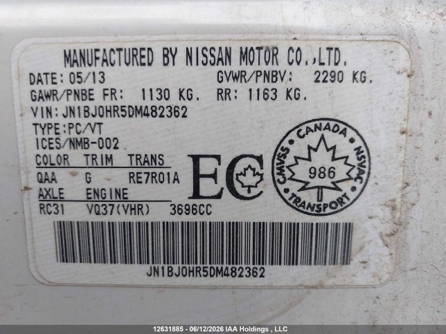 12631885 :رقم المزاد ، JN1BJ0HR5DM482362 vin ، 2013 Infiniti Ex37 Luxury مزاد بيع
