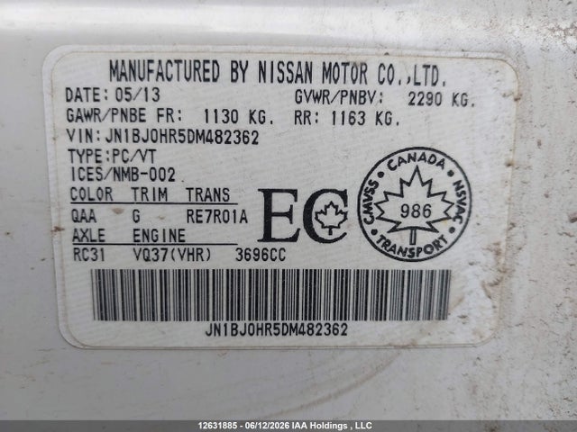 12631885 :رقم المزاد ، JN1BJ0HR5DM482362 vin ، 2013 Infiniti Ex37 Luxury مزاد بيع