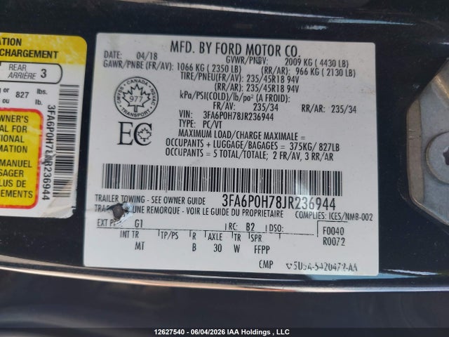 Ford FUSION SE 2018 3FA6P0H78JR236944 Image 9