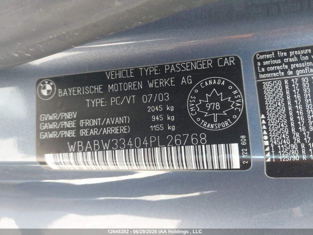 Продаж на аукціоні авто 2004 Bmw 325ci, vin: WBABW33404PL26768, номер лоту: 12645282