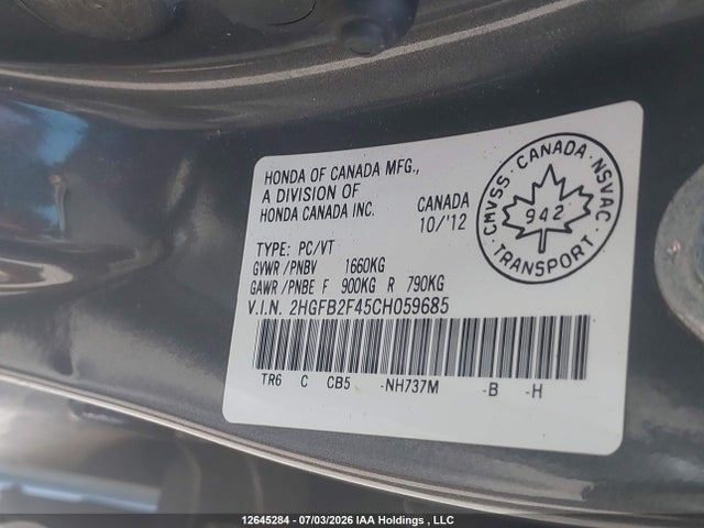Продаж на аукціоні авто 2012 Honda Civic Lx, vin: 2HGFB2F45CH059685, номер лоту: 12645284