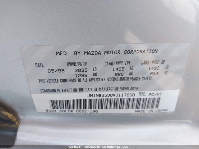 Aukcja sprzedaży 1999 Mazda Mx-5 Miata 10th Anniversary Package, vin: JM1NB3538X0117890, numer aukcji: 12645287