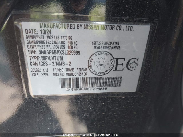 Aukcja sprzedaży 2025 Nissan Kicks S, vin: 3N8AP6BAXSL329999, numer aukcji: 12645288