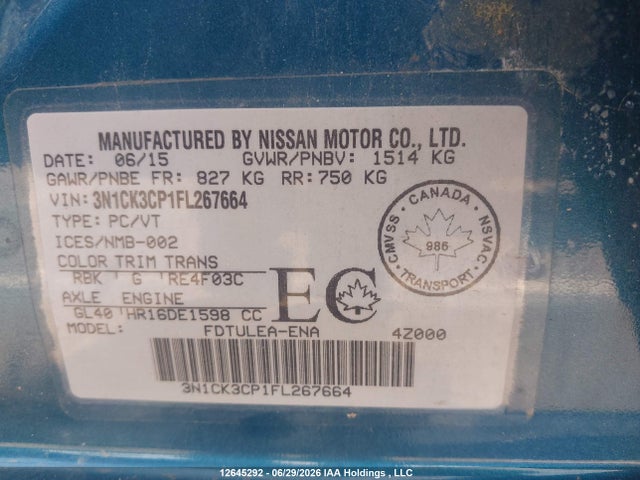 12645292 :رقم المزاد ، 3N1CK3CP1FL267664 vin ، 2015 Nissan Micra مزاد بيع