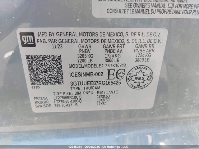 Продажа на аукционе авто 2024 Gmc Sierra K1500 At4, vin: 3GTUUEE87RG165425, номер лота: 12645294