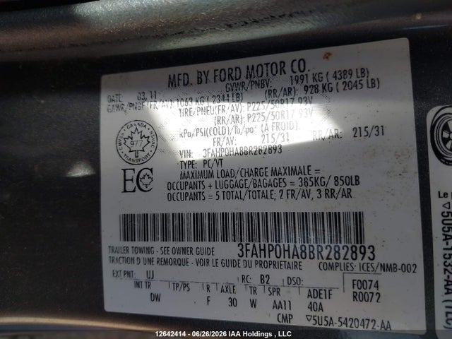 2011 Ford Fusion Se მანქანა იყიდება აუქციონზე, vin: 3FAHP0HA8BR282893, აუქციონის ნომერი: 12642414