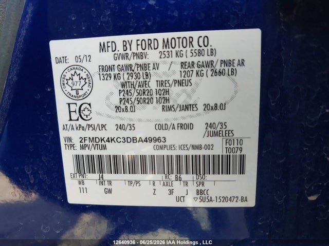 12640936 :رقم المزاد ، 2FMDK4KC3DBA49963 vin ، 2013 Ford Edge Limited مزاد بيع