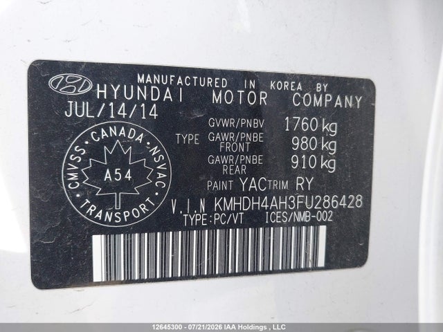 12645300 :رقم المزاد ، KMHDH4AH3FU286428 vin ، 2015 Hyundai Elantra Se/sport/limited مزاد بيع