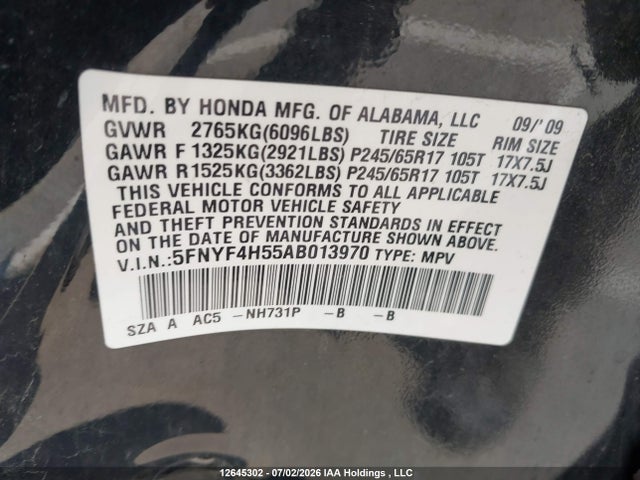 Aukcja sprzedaży 2010 Honda Pilot, vin: 5FNYF4H55AB013970, numer aukcji: 12645302