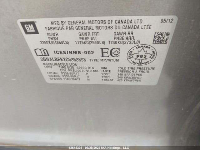 12645303 :رقم المزاد ، 2GNALBEK2C6353893 vin ، 2012 Chevrolet Equinox Ls مزاد بيع