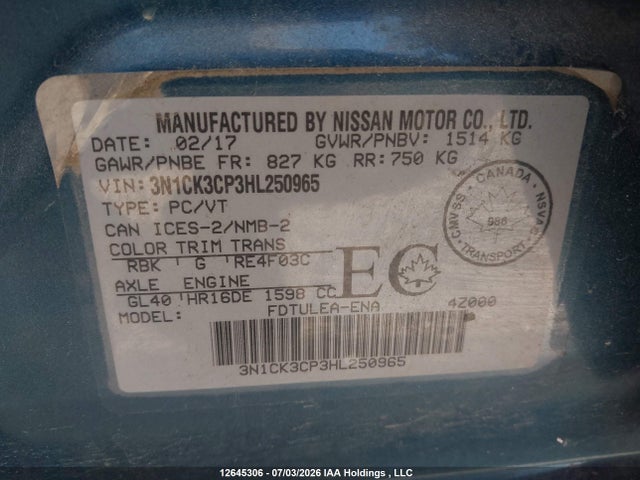 2017 Nissan Micra მანქანა იყიდება აუქციონზე, vin: 3N1CK3CP3HL250965, აუქციონის ნომერი: 12645306