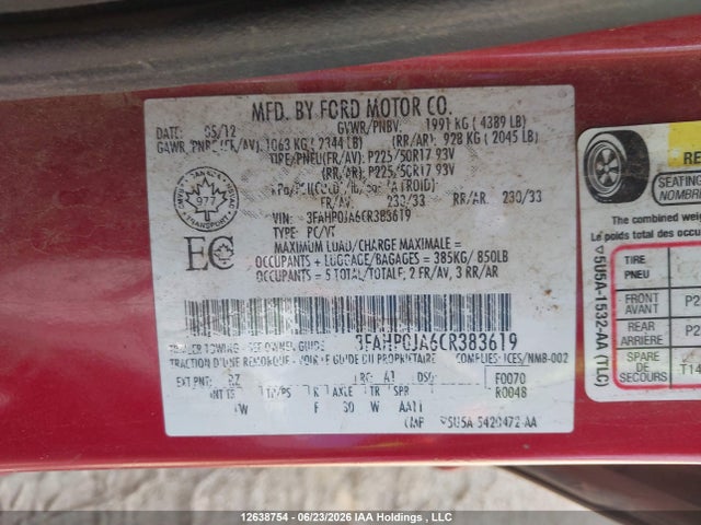2012 Ford Fusion Sel მანქანა იყიდება აუქციონზე, vin: 3FAHP0JA6CR383619, აუქციონის ნომერი: 12638754
