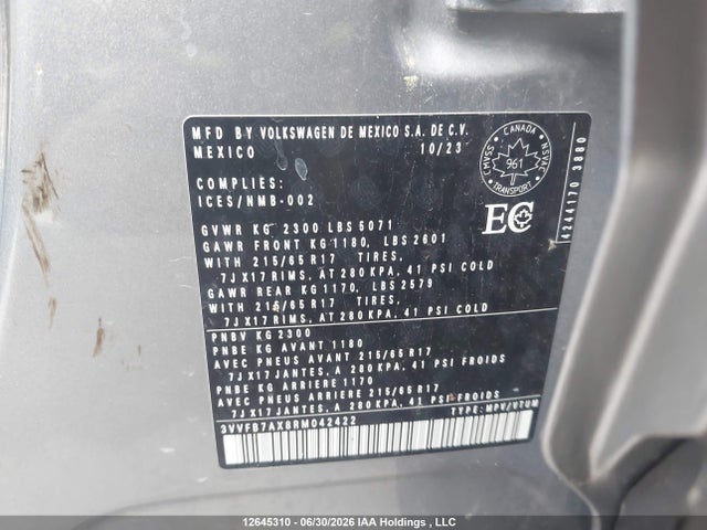 2024 Volkswagen Tiguan S მანქანა იყიდება აუქციონზე, vin: 3VVFB7AX8RM042422, აუქციონის ნომერი: 12645310