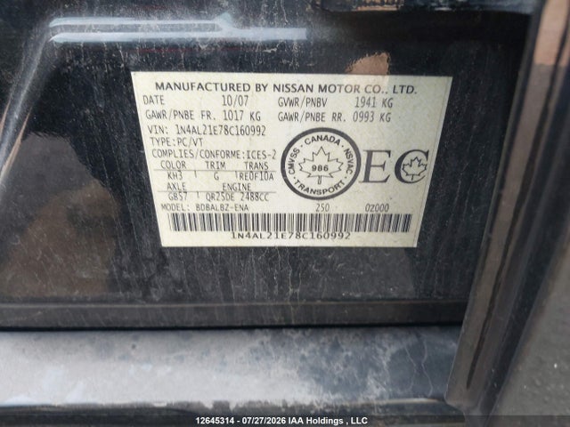12645314 :رقم المزاد ، 1N4AL21E78C160992 vin ، 2008 Nissan Altima مزاد بيع