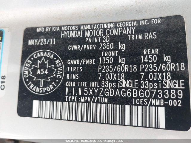 2011 Hyundai Santa Fe Gls მანქანა იყიდება აუქციონზე, vin: 5XYZGDAG6BG073389, აუქციონის ნომერი: 12645316