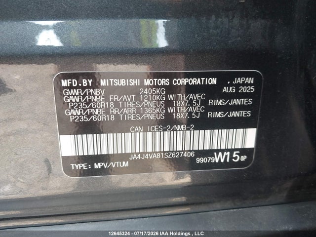 Aukcja sprzedaży 2025 Mitsubishi Outlander Le S-awc/se S-awc/sel S-awc, vin: JA4J4VA81SZ627406, numer aukcji: 12645324