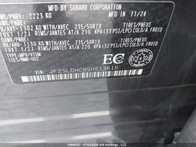 12645327 :رقم المزاد ، JF2SLDHC9SH513615 vin ، 2025 Subaru Forester مزاد بيع