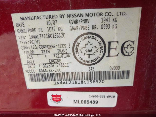2008 Nissan Altima 2.5/2.5s მანქანა იყიდება აუქციონზე, vin: 1N4AL21E18C156520, აუქციონის ნომერი: 12645328
