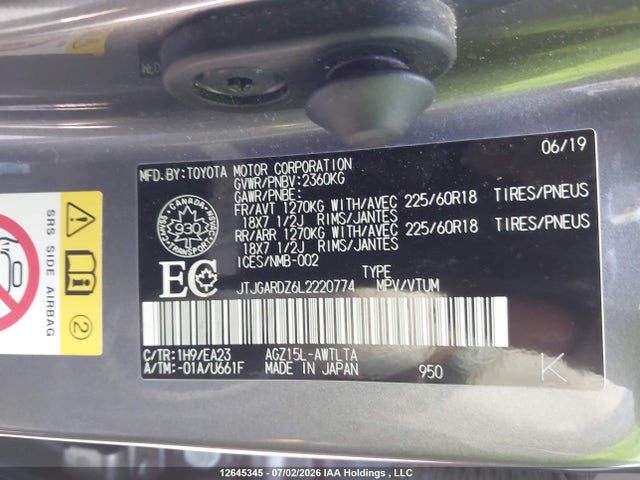 12645345 :رقم المزاد ، JTJGARDZ6L2220774 vin ، 2020 Lexus Nx 300 مزاد بيع