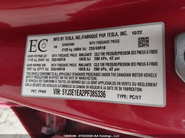 Tesla MODEL 3 2023 5YJ3E1EA2PF385336 Image 9