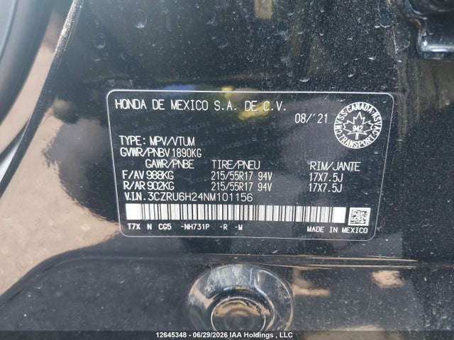 2022 Honda Hr-v Sport მანქანა იყიდება აუქციონზე, vin: 3CZRU6H24NM101156, აუქციონის ნომერი: 12645348