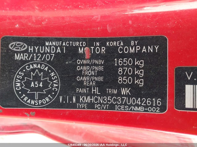 2007 Hyundai Accent Gs მანქანა იყიდება აუქციონზე, vin: KMHCN35C37U042616, აუქციონის ნომერი: 12645349