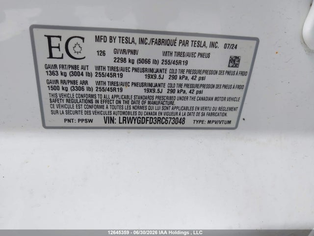 Tesla Model Y Long Range/rwd 2024 LRWYGDFD3RC673048 Image 9