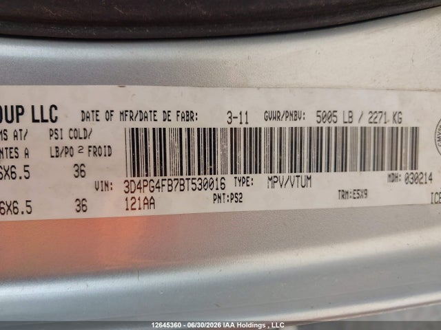 12645360 :رقم المزاد ، 3D4PG4FB7BT530016 vin ، 2011 Dodge Journey مزاد بيع