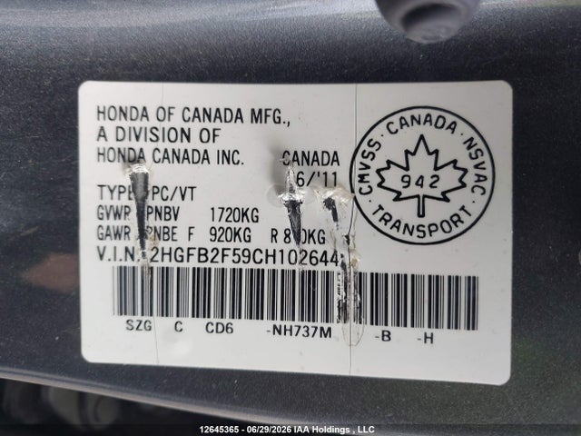 Продажа на аукционе авто 2012 Honda Civic Ex 4dr, vin: 2HGFB2F59CH102644, номер лота: 12645365