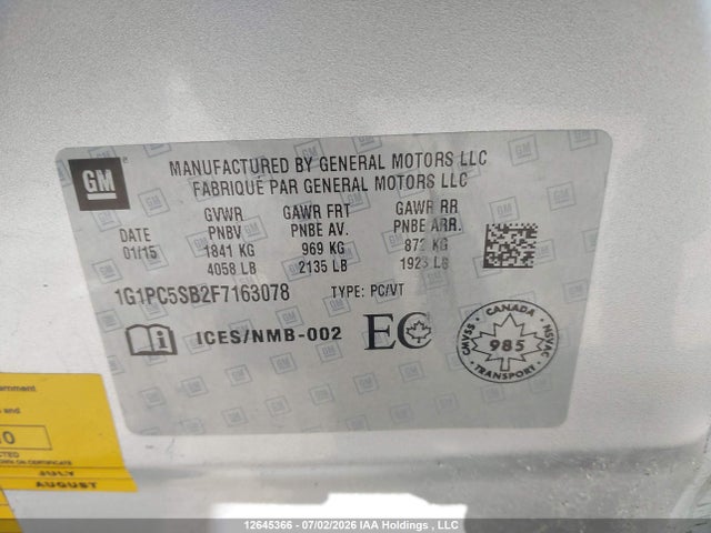 12645366 :رقم المزاد ، 1G1PC5SB2F7163078 vin ، 2015 Chevrolet Cruze 1lt مزاد بيع