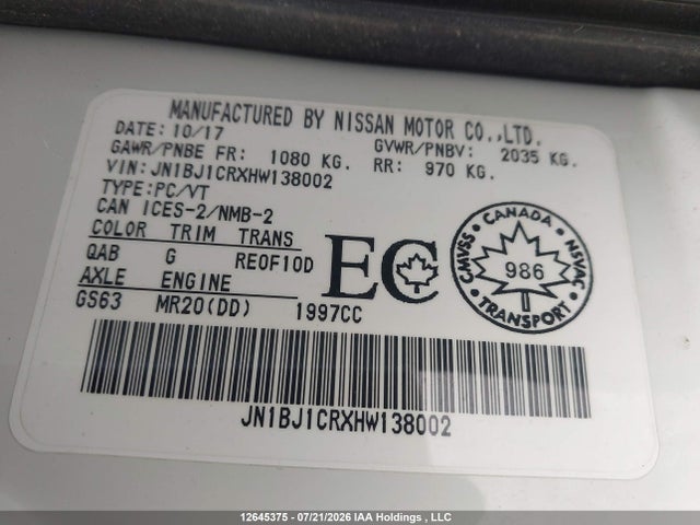Продаж на аукціоні авто 2017 Nissan Qashqai S/sl/sv, vin: JN1BJ1CRXHW138002, номер лоту: 12645375