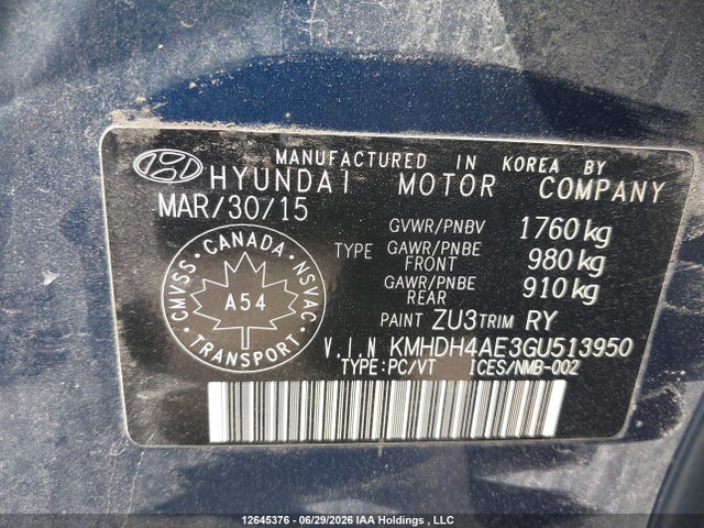 2016 Hyundai Elantra Sport Appearance მანქანა იყიდება აუქციონზე, vin: KMHDH4AE3GU513950, აუქციონის ნომერი: 12645376