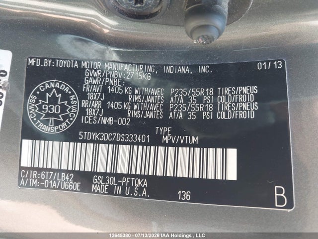 12645380 :رقم المزاد ، 5TDYK3DC7DS333401 vin ، 2013 Toyota Sienna Xle V6 مزاد بيع